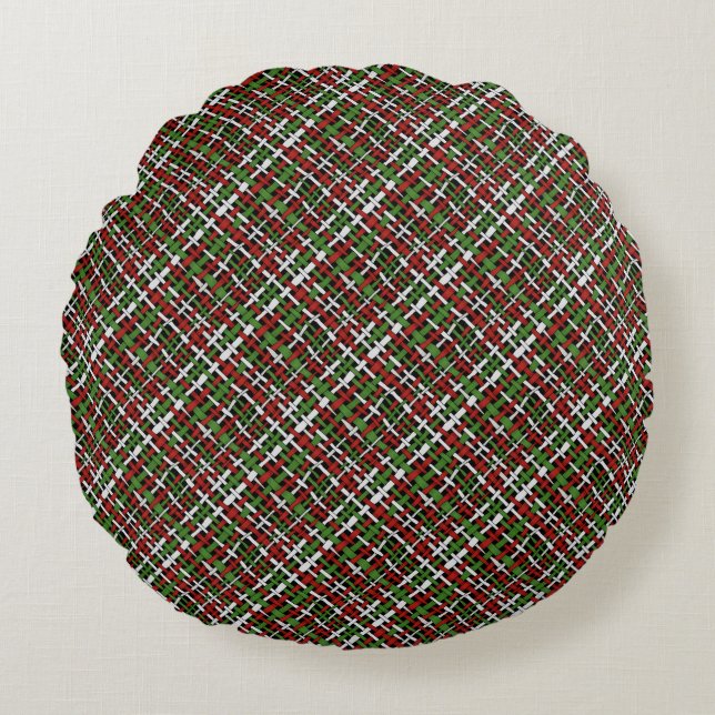 Graphical Woven Burlap Red Green White Round Cushion (Front)