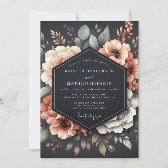 Graphite Coral Somber Flora Wedding Invitation (Front)