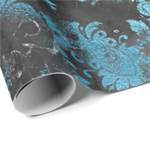 Graphite Grey Blue  Black Floral Grungy Shabby Wrapping Paper