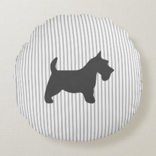 Graphite Terrier on Grey Stripes Round Cushion