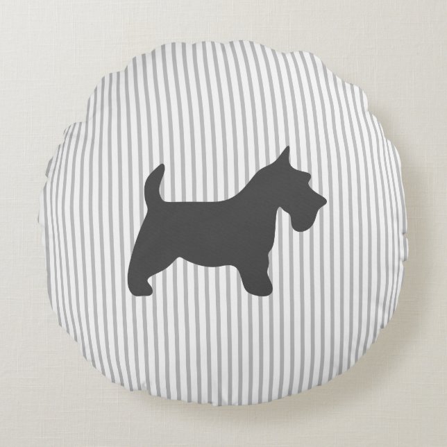 Graphite Terrier on Grey Stripes Round Cushion (Front)