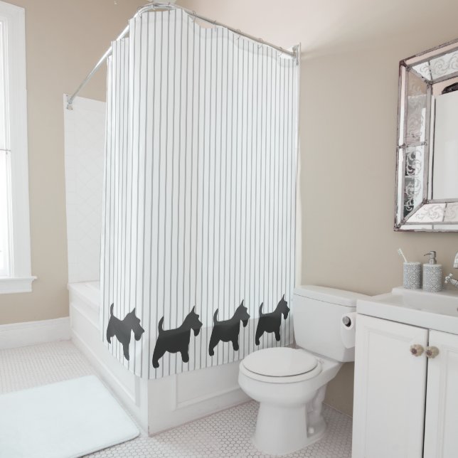 Graphite Terrier on Grey Stripes Shower Curtain (In Situ)