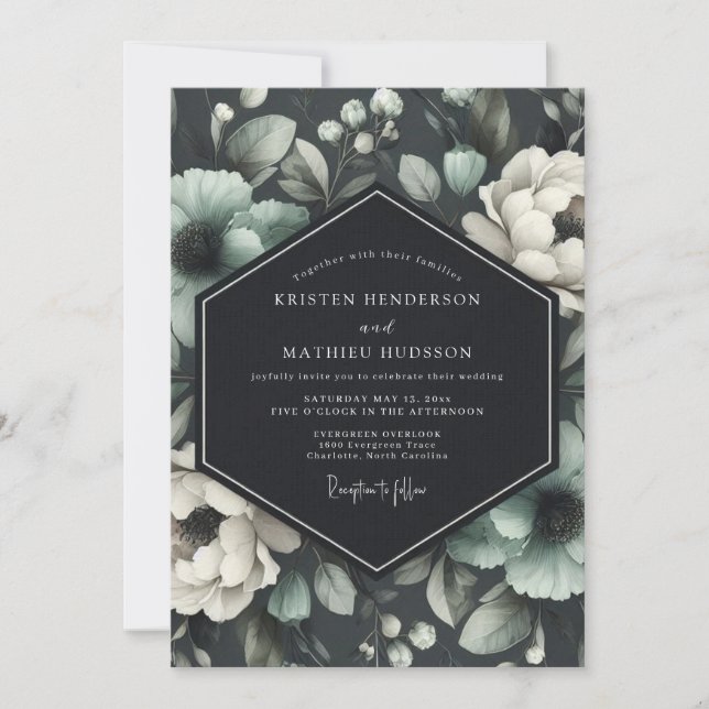 Graphite Viridian Flora Wedding Invitation (Front)