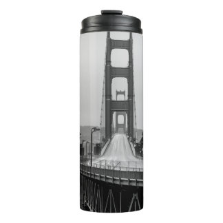 GRASCALE PHOTOGRAPHY OF CABLE BRIDGE THERMAL TUMBLER