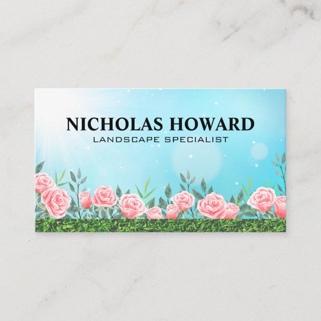 Grass and Pink Roses | Garden Business Card (Front)
