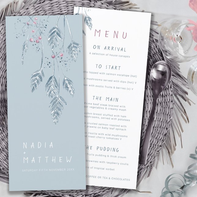 Grass berries watercolor dusty blue white wedding menu (Creator Uploaded)