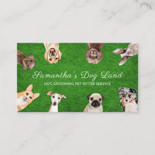 Grass Boho Watercolor Puppy Dogs Walking Grooming Business Card