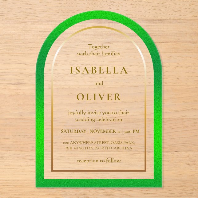 Grass green and golden gradient frame wedding acrylic invitations (Front)