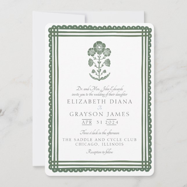 Grass Green Botanical Block Print Wedding Invitation (Front)