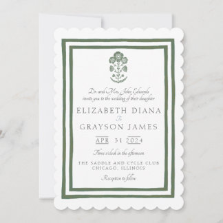 Grass Green Botanical Block Print Wedding Invitation