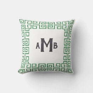 Grass Green Chinoiserie Greek Key Border Monogram Cushion