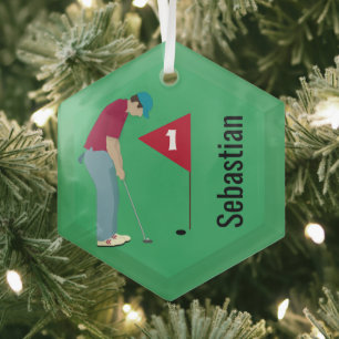 Grass Green Golfer Putting Glass Tree Decoration