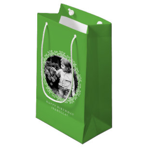 Grass Green Personalised Fancy Swirls Photo Frame Small Gift Bag