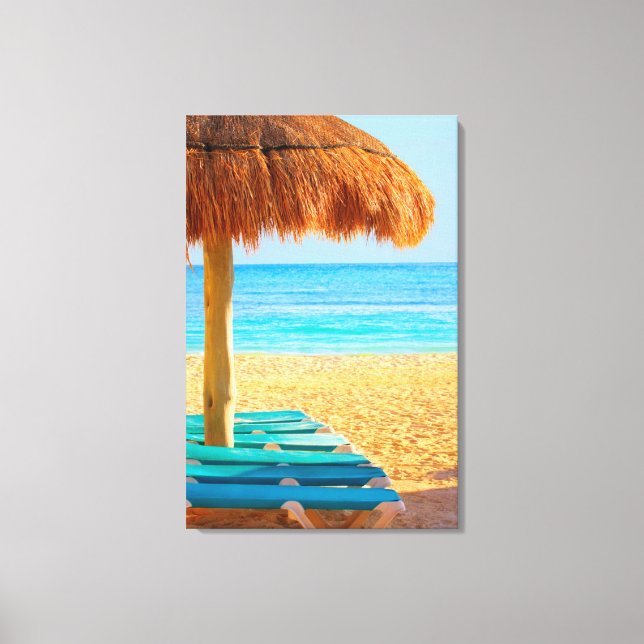 Grass Hut & Loungers On Beach Canvas Print (Front)
