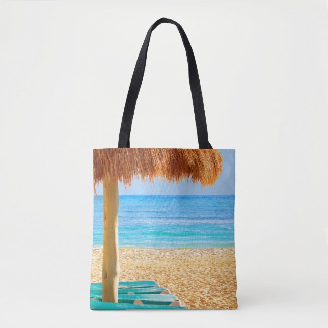 Grass Hut & Loungers On Beach Tote Bag (Front)
