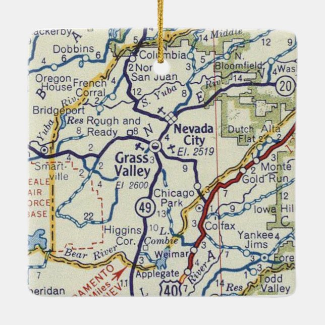 Grass Valley CA Retro Map Ceramic Ornament (Back)