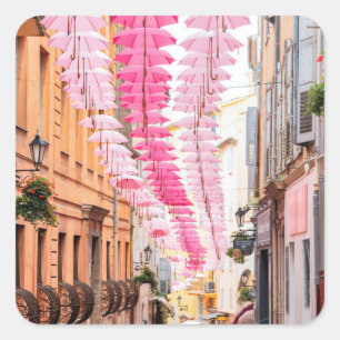 Grasse streets in Provence with pink umbrellas Pla Square Sticker