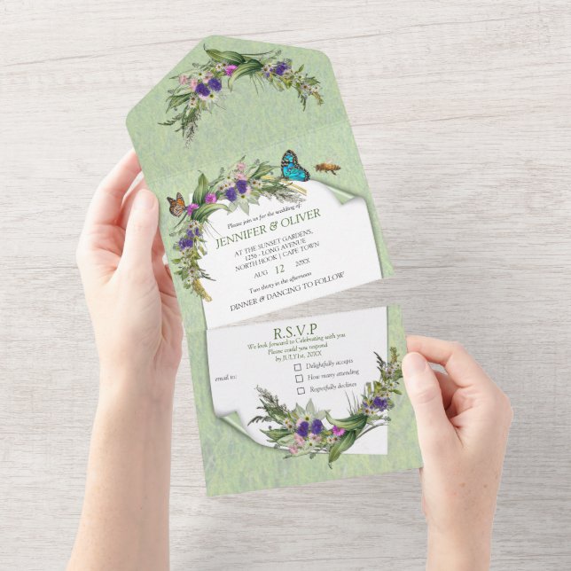 Grasses & Spring Flowers All in One Wedding Invite (Tearaway)