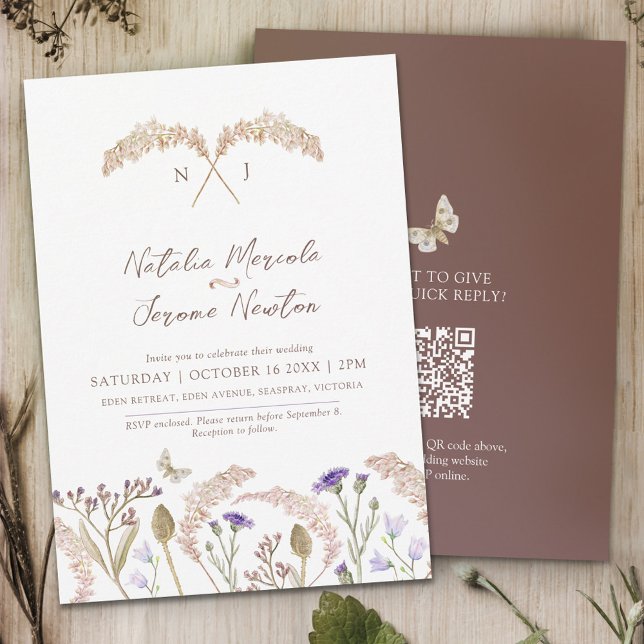 Grasses wildflower watercolor fall wedding QR code Invitation (Creator Uploaded)