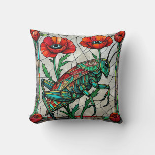 Grasshopper cricket stained glass poppy flower eye cushion
