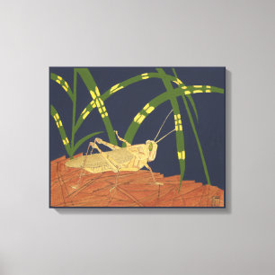 Grasshopper in Green Grass on Blue Background Canvas Print
