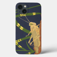 Grasshopper in Green Grass on Blue Background
