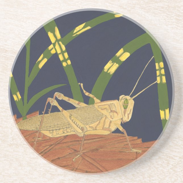 Grasshopper in Green Grass on Blue Background Coaster (Front)