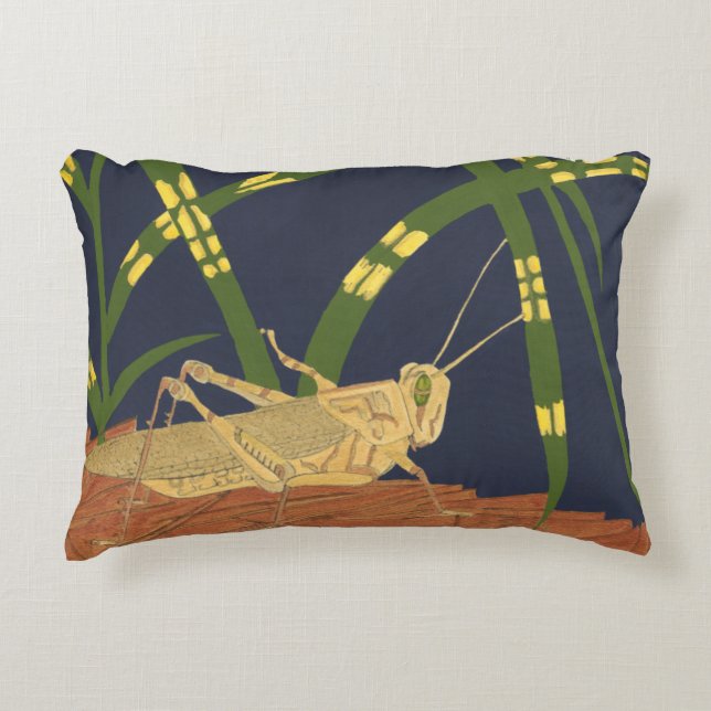 Grasshopper in Green Grass on Blue Background Decorative Cushion (Front)