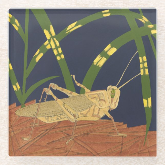 Grasshopper in Green Grass on Blue Background Glass Coaster (Front)