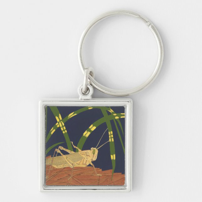 Grasshopper in Green Grass on Blue Background Key Ring (Front)