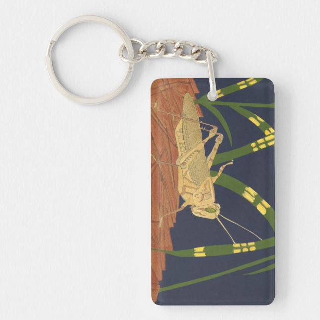 Grasshopper in Green Grass on Blue Background Key Ring (Front)