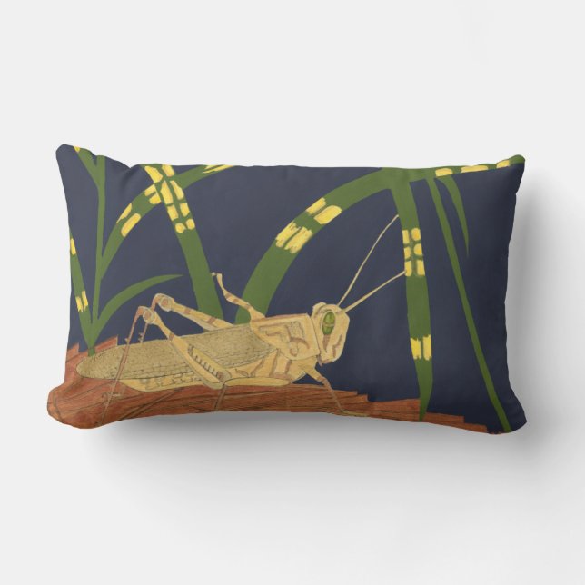 Grasshopper in Green Grass on Blue Background Lumbar Cushion (Front)
