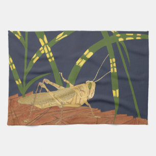 Grasshopper in Green Grass on Blue Background Tea Towel