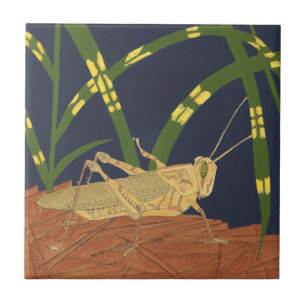 Grasshopper in Green Grass on Blue Background Tile