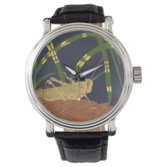 Grasshopper in Green Grass on Blue Background Watch (Front)