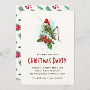 Grasshopper Santa Hat Poinsettias Christmas Party Invitation
