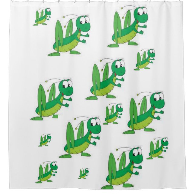 Grasshopper white children's showercurtain green shower curtain (Front)