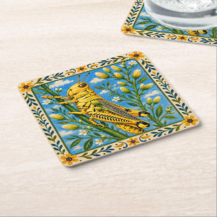 Grasshopper & Wildflower Folk Art Coaster Set