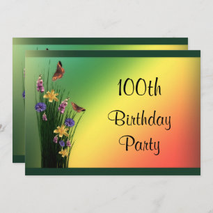 Grassy Bouquet And Butterflies 100th Birthday Invitation