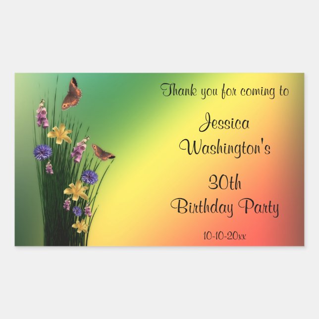 Grassy Bouquet And Butterflies Birthday Rectangular Sticker (Front)