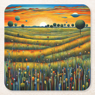 Grassy meadows at sunset 3 square paper coaster