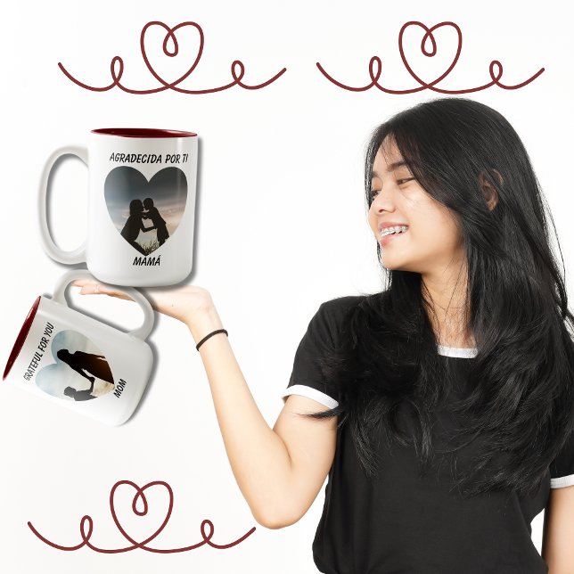 Grateful Agradecida Bilingual Mother's Day Heart Two-Tone Coffee Mug (Bilingual Mother's day mug agradecida por ti mama, grateful for you mom multilingual project)