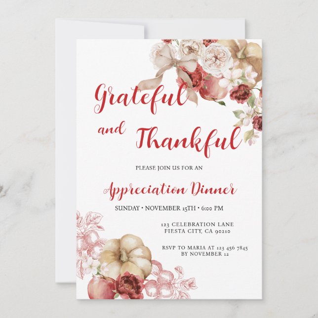 Grateful and Thankful For You Appreciation Dinner Invitation (Front)