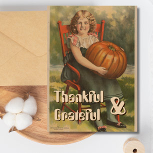 Grateful and thankful    Vintage Girl with Pumpkin Holiday Card