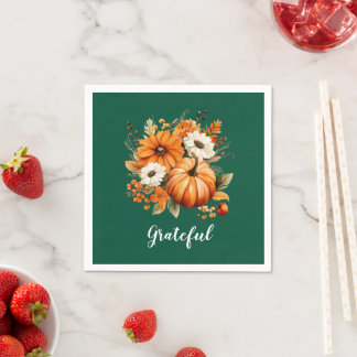 Grateful Autumn Floral Pumpkin Green Square Napkin