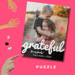 Grateful Black and White Script Custom Photo  Jigsaw Puzzle<br><div class="desc">DIY a beautiful keepsake puzzle. Add your favorite photo and customize text areas to make it special and unique for you or as a gift. 
Design features a modern black and white color block script for the word grateful.</div>