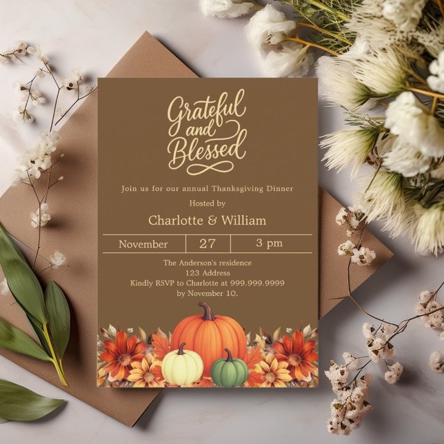 Grateful blessed brown pumpkin Thanksgiving Invitation (Creator Uploaded)