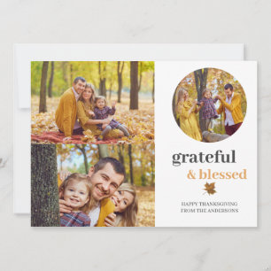 Grateful & Blessed Elegant thanksgiving 3 photo Holiday Card