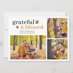 Grateful & Blessed Elegant thanksgiving 3 photo Holiday Card