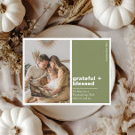 Grateful   Blessed Green Thanksgiving Photo Postcard<br><div class="desc">Celebrate the season of gratitude with this Grateful Blessed Thanksgiving photo card in a warm olive green palette. Featuring a modern split design with your family photo on one side and heartfelt holiday wishes on the other, this minimalist card perfectly blends elegance and cosiness. A timeless way to send love,...</div>